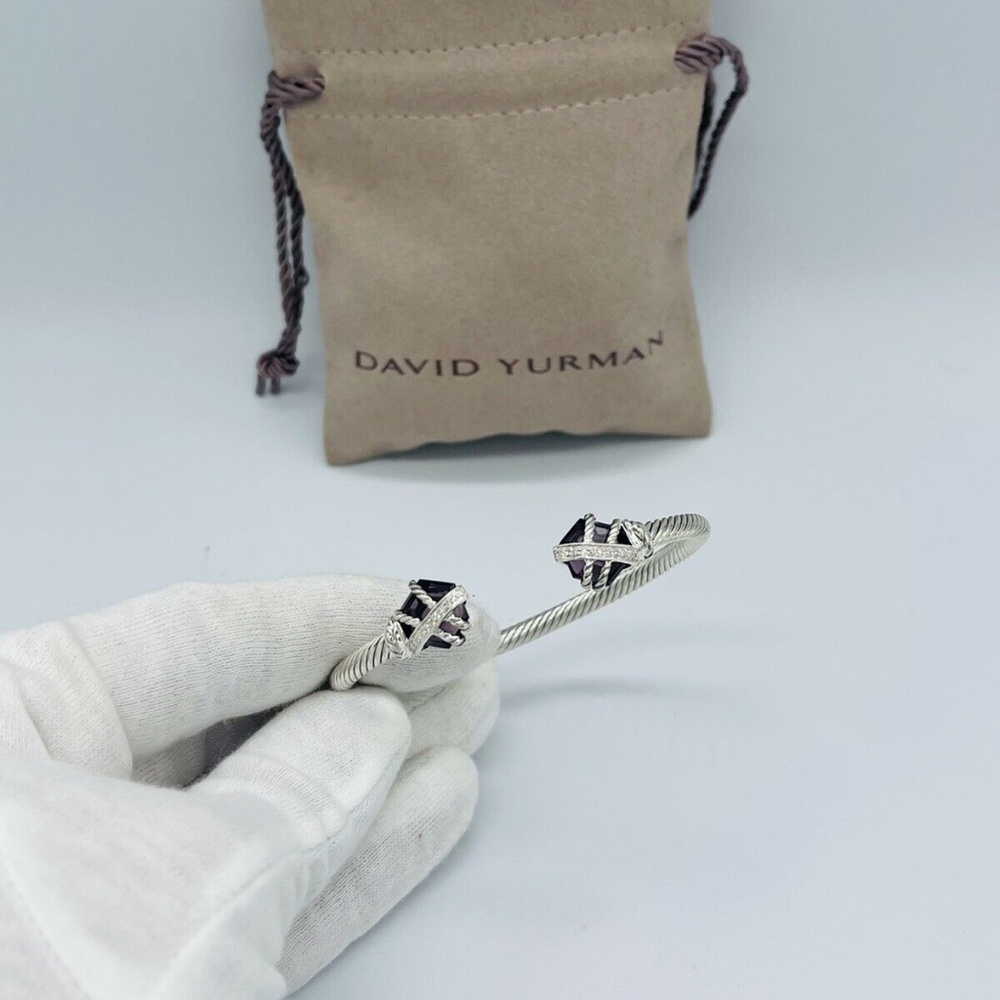David Yurman Sterling Silver 10'mm Amethyst & Diamond Cable Wrap 4'mm Bracelet